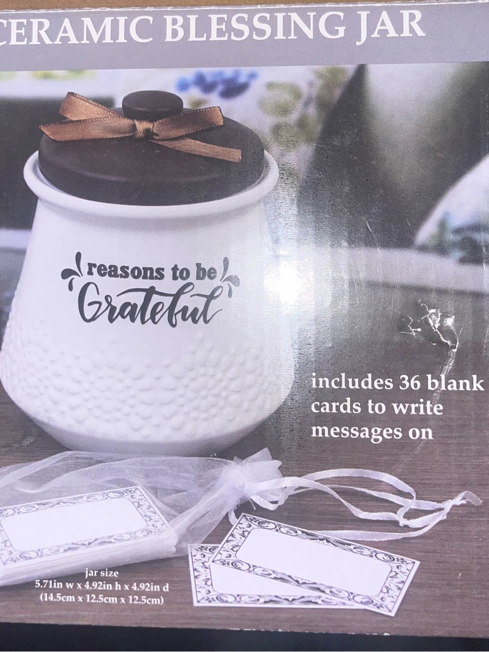 Ceramic Blessing Jar "Reasons to be Grateful" - White with Brown Lid